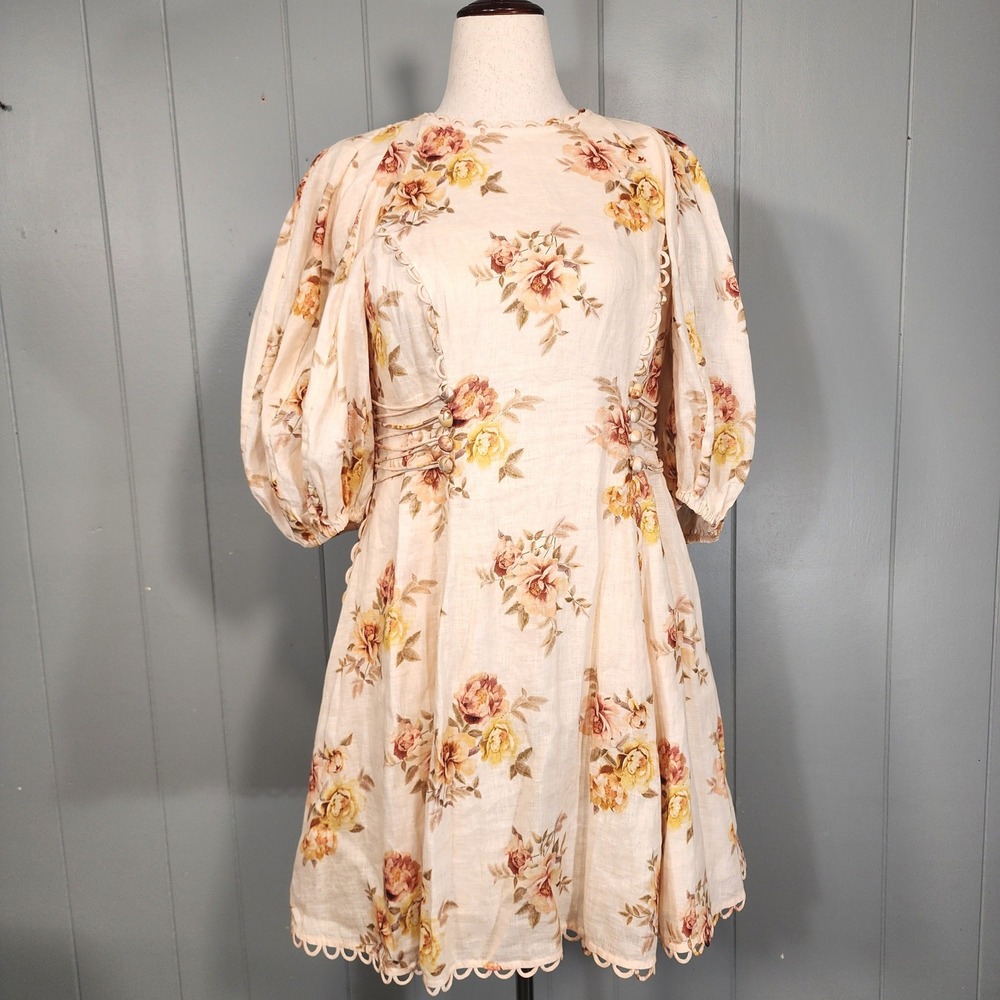Zimmermann Floral Dress Womens SZ 3 US 10 Pink Linen Puff Sleeve Mini Scalloped